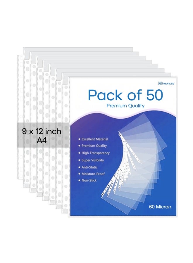 Neomate 60 Micron Document Sleeves | 50 Pcs A4 Transparent Sheet Protectors with 11-Hole Punched for Ring Files | Waterproof Clear Sleeves for Certificates & Documents - Image 1